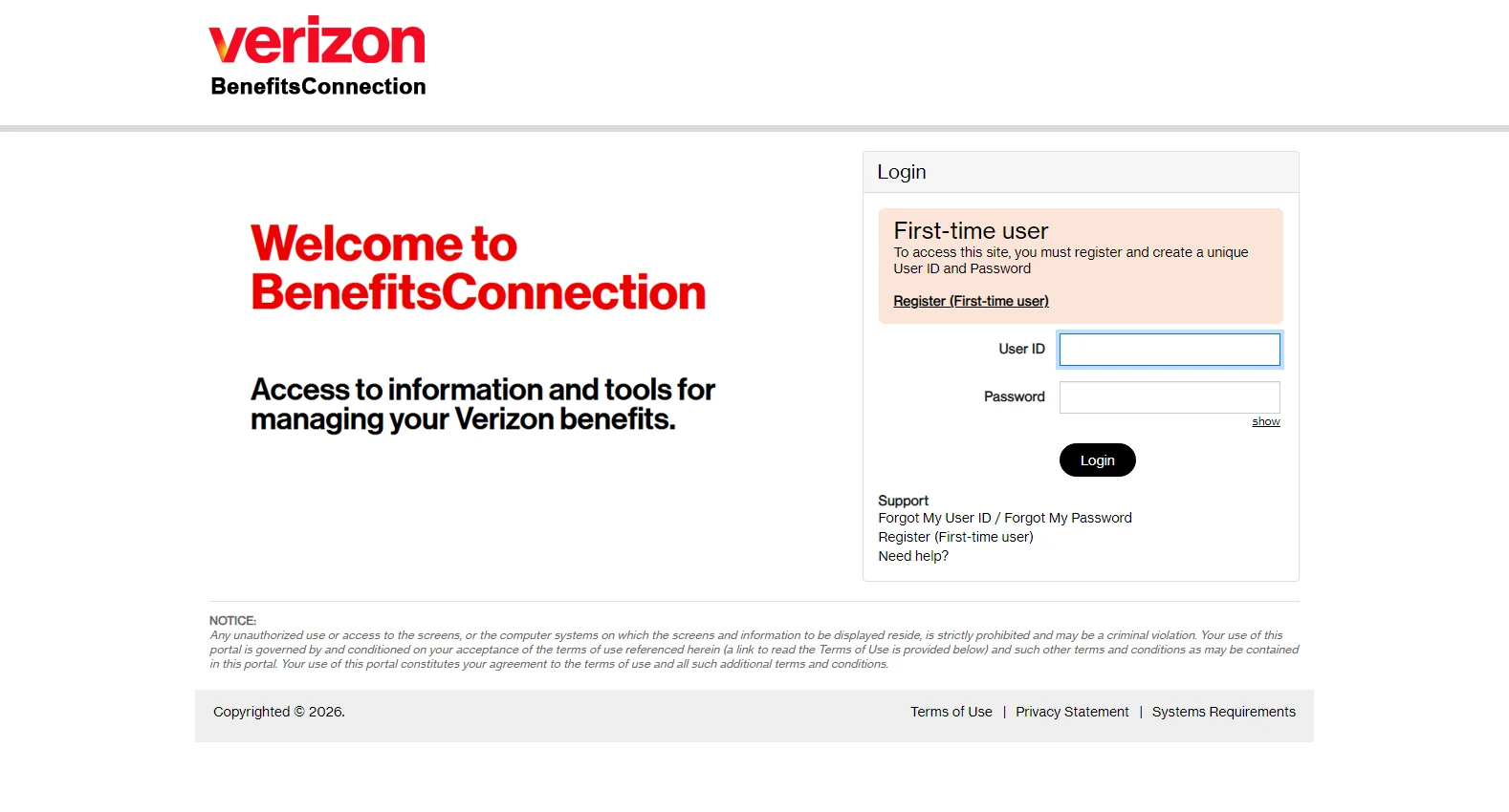 verizonbenefitsconnection.com screenshot